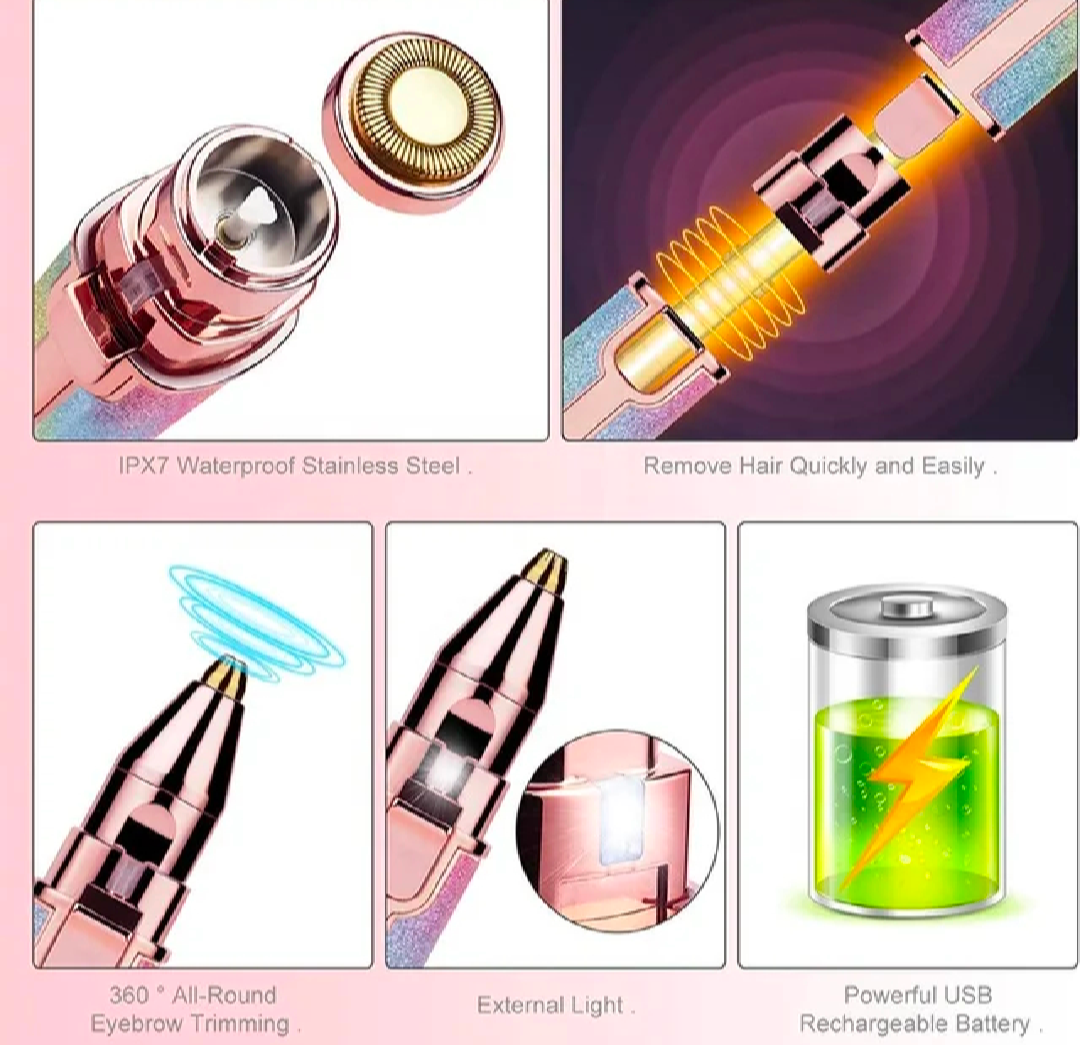 2 in 1 Flawless Eyebrow Hair Remover Stylish & Fashionable Rechargeable Facial Hair Trimmer for Women Painless, Portable & Precise Epilator for Women with LED Light Suitable for Facial, Legs, Armpit and Bikini Area